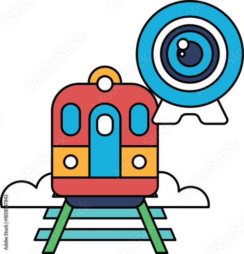 A train is on a track with a camera in front of it