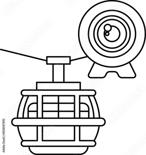 A black and white drawing of a cable car with a camera on top of it