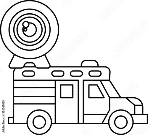 A black and white drawing of a truck with a camera on top