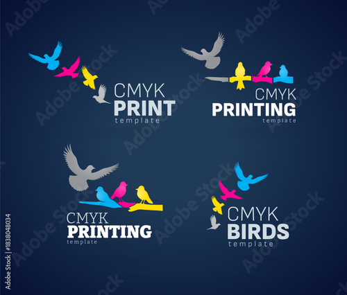 Set Logo CMYK Print theme. The birds is flying motion. Template design vector. Black background.