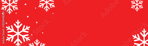 Festive red winter background with white geometric snowflakes and small stars around empty center space, ideal for Christmas greeting cards, holiday banners, web headers, and seasonal promotional desi