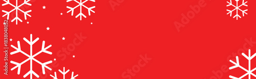 Festive red winter background with white geometric snowflakes and small stars around empty center space, ideal for Christmas greeting cards, holiday banners, web headers, and seasonal promotional desi
