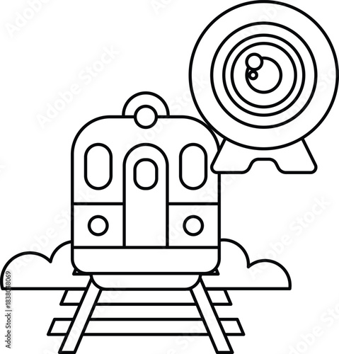 A train is on a track with a camera in front of it