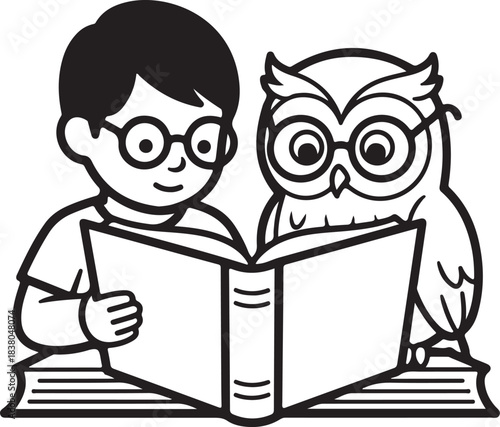 Boy and owl reading a book together on a white background