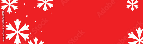 Festive red winter background with white geometric snowflakes and small stars around empty center space, ideal for Christmas greeting cards, holiday banners, web headers, and seasonal promotional desi