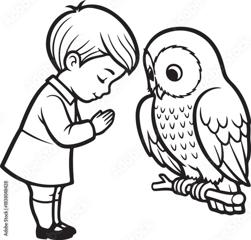 Boy bowing to an owl on a white background child bird