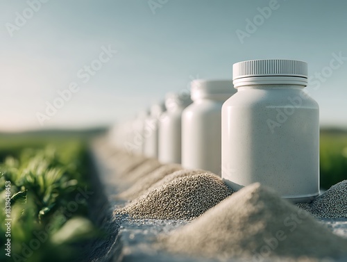 White fertilizer jars aligned in a row along a field edge with mounds of granular mineral nutrients in front. Early morning agricultural light