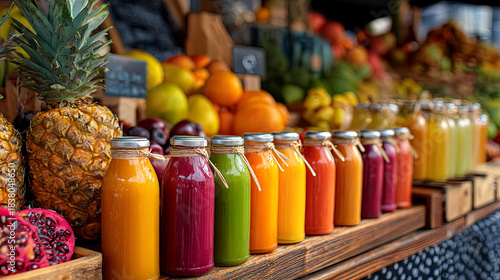 Colorful assortment of fresh fruit juices in glass bottles displayed on wooden shelves, surrounded by vibrant fruits, showcasing a healthy lifestyle and natural ingredients