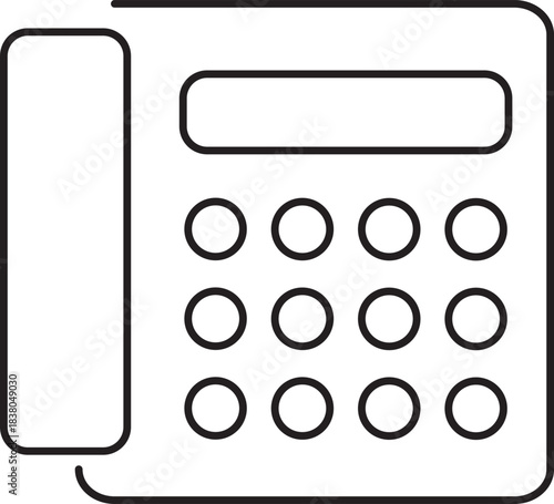 Simple line art icon of a landline telephone with a keypad and receiver, representing communication.