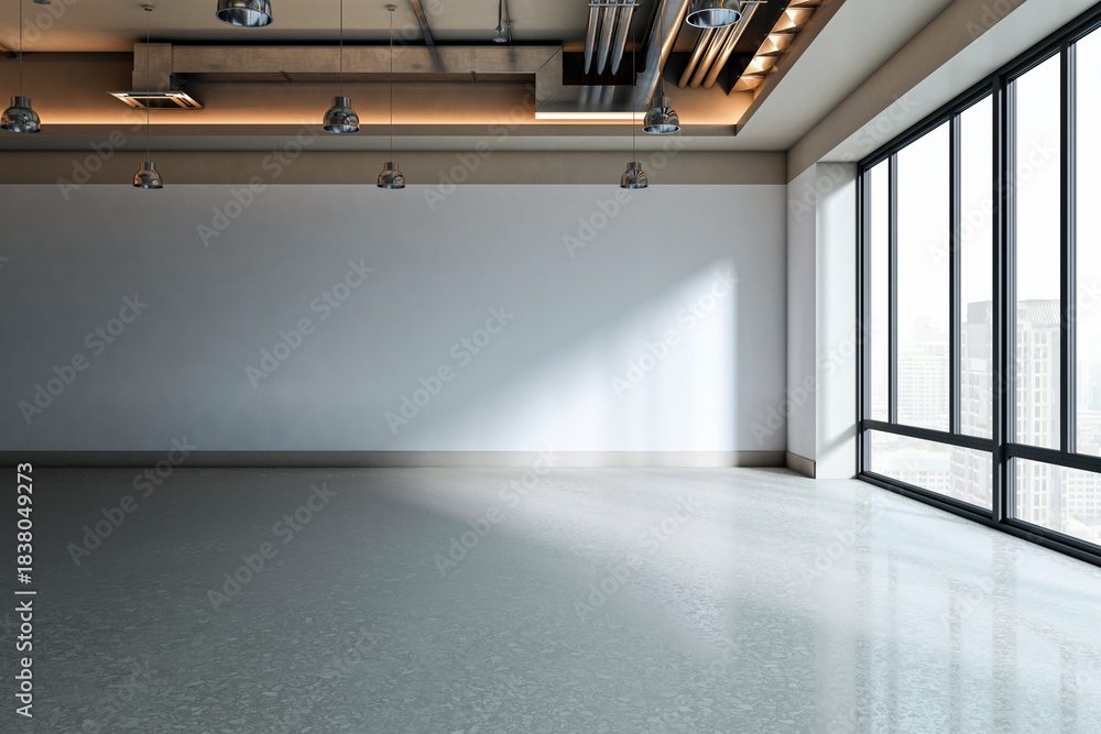 Naklejka premium Modern empty loft interior with large blank wall, industrial ceiling, pendant lights and panoramic city view through tall windows in daylight. 3D Rendering