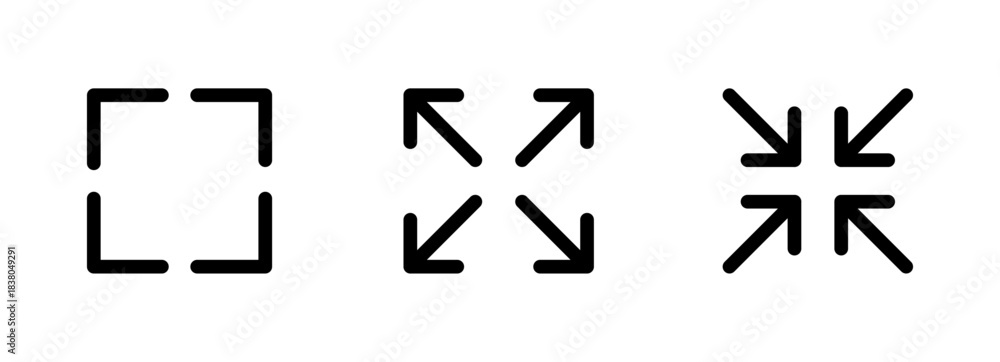 Obraz premium Fullscreen and window resize interface icons in minimalist black design, Expand and compress symbol set, UI control buttons, Screen size adjustment icons, Vector interface elements.