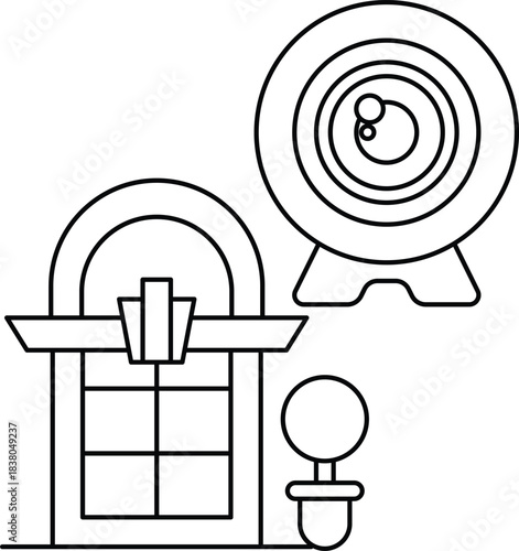 A black and white drawing of a camera and a building