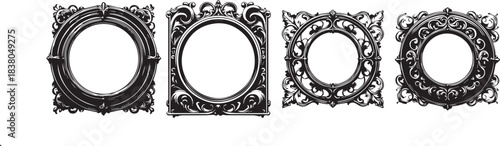 Doodle picture frame, hand drawn line vintage border, classic gallery empty  vector baroque art. Ornamental decoration design elements, round, heart, oval shapes, swirl arch. Picture frame icon