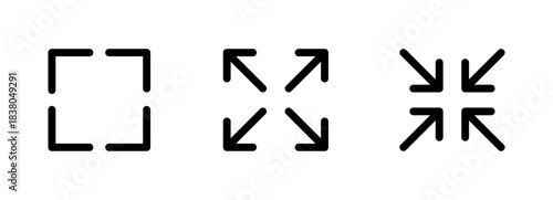 Fullscreen and window resize interface icons in minimalist black design, Expand and compress symbol set, UI control buttons, Screen size adjustment icons, Vector interface elements.