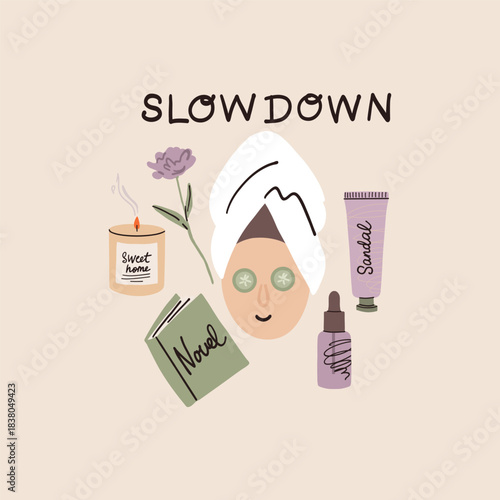 Slow down lettering. Morning and evening ritual. Body and skin care cosmetics, read book. Positive vibes and balanced life. Poster emblem. Mental health vector cartoon isolated illustration