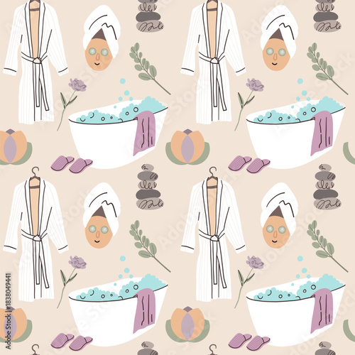 Self care seamless pattern. Wellness and mindfulness. relaxation in spa. Aromatherapy and skincare cosmetic. Positive vibes and balanced life. Mental health vector cartoon isolated background