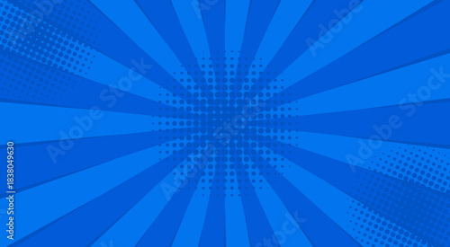Comics blue retro background with halftone corners and rays. Summer backdrop. Vector illustration in retro pop art style for comics book, poster, advertising design.