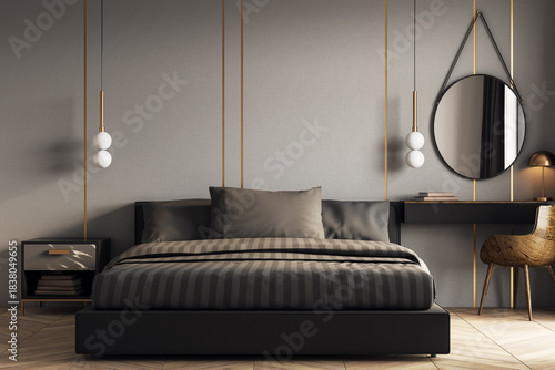 Modern minimalist bedroom interior with black bed, wooden accents, and stylish lighting in elegant space with neutral tones and gold details. 3D Rendering