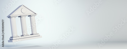 Minimalist white bank building icon with pillars floating on light background, ideal for banking, business, or financial technology concepts. 3D Rendering