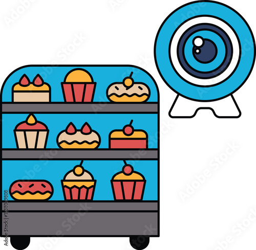 A bakery display case with a camera in the background