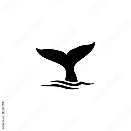 A striking black vector silhouette of a whale's tail (flukes) diving into water, creating stylized waves. This iconic marine graphic represents power, mystery, depth, and oceanic life.