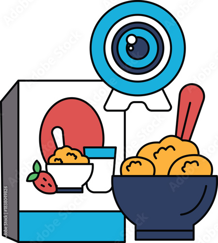 A box of cereal is shown with a bowl of cereal and a spoon