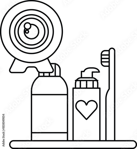 A black and white drawing of a toothbrush, toothpaste, and a bottle of mouthwash