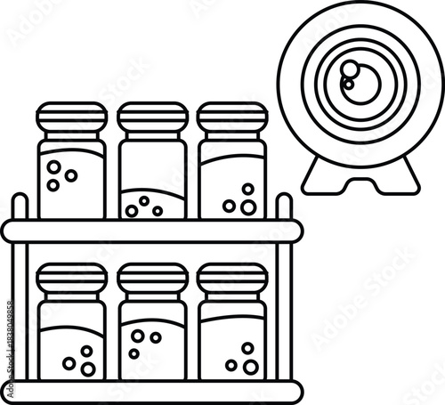 A black and white drawing of a shelf with six jars of spices and a camera