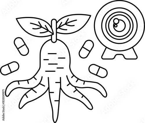 A drawing of a carrot with a pill bottle and a camera