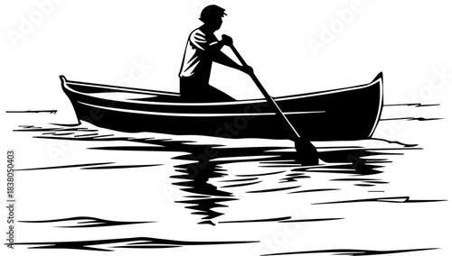 Boating Silhouette – Individual Rowing with Single Oar and Water Ripples