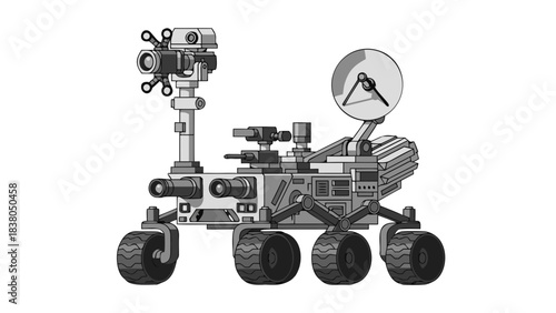 Monochromatic illustration of a robotic rover exploring a celestial body with advanced scientific instruments and communication dish set against a dark void