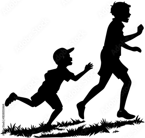 Play Silhouette – Two Kids Running with Grass Beneath in Dynamic Motion