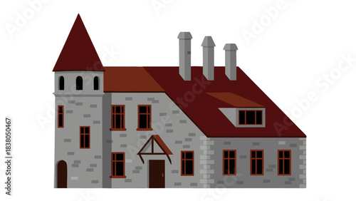 Old Stone Building with Red Roof and Tower Featuring Multiple Chimneys against a Black Background Stylized Illustration