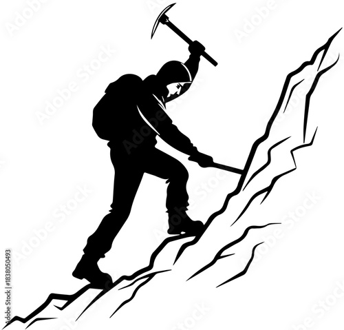 Climbing Silhouette – Adventurer Scaling Jagged Slope with Backpack and Ice Axes