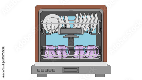 Open Dishwasher Interior View Showing Clean Plates Cups and Utensils in Racks with Blue Background Light and Brown Exterior Casing for Kitchen Appliance Cleanliness