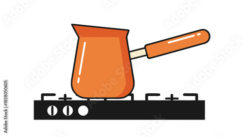 Orange Copper Turkish Coffee Pot Heating On A Black Gas Stove With White Knobs Detailed Illustration Against A Solid Black Background