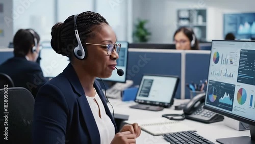 Smiling Black Woman in Navy Blazer and White Shirt Wearing Headset Points to Computer Screen with Charts in Modern Office