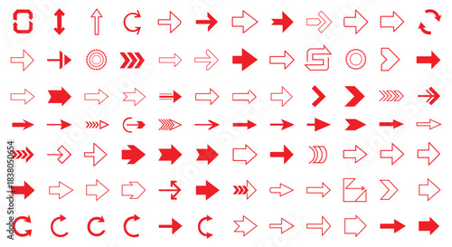 Arrow red vector set isolated on transparent background different shapes and styles pointer collection, navigation symbols, direction signs