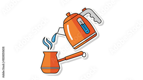 Orange Electric Kettle Pouring Hot Water Into A Turkish Coffee Pot On A Black Background With Steam Rising