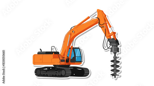 Orange Excavator With Auger Attachment On Black Background Construction Equipment Illustration