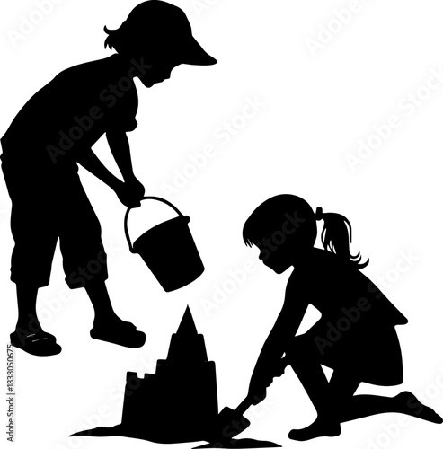 Beach Silhouette – Kids Creating Sandcastle with Bucket and Shovel