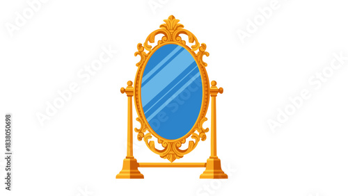 Ornate Gold Oval Floor Standing Mirror with Decorative Frame and Blue Reflection on a Black Background Detailed Pixel Art