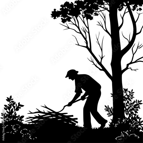 Outdoor Silhouette – Person Collecting Branches Under Tree in Forest Scene