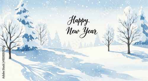 Watercolor Winter Landscape for Happy New Year – Snowy Trees, Dreamy Blue Hues, Handwritten Greeting, Peaceful Magical Scene