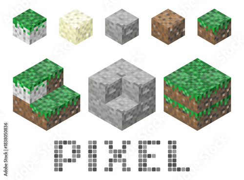 Pixel grass, sand, gravel, wood log, and wood plank blocks with crafted pixel textures, designed for game assets, UI tiles, and retro 8bit or 16bit style environments.