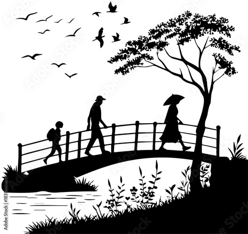 Bridge Silhouette – Three People Crossing with Tree, Birds, and Water Below