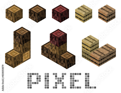 Pixel wood log and wood plank blocks in retro pixel art style, featuring clean edges and textured details for game assets, UI elements, and classic 8bit or 16bit designs.