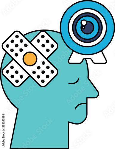 A man with a bandaged head and a camera in the background