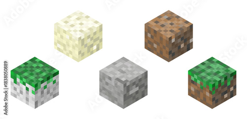 Pixel block vector set featuring grass, sand, and gravel blocks in classic pixel art style with clean edges and transparent background for games, UI assets, and retro designs.