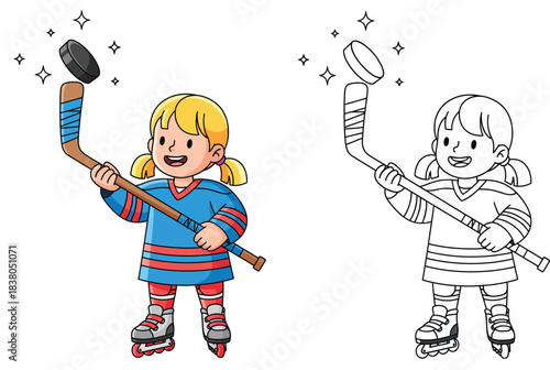 Cartoon Girl Playing Roller Hockey with Stick and Puck Vector Illustration in Color and Black and White Outline for Coloring Boo